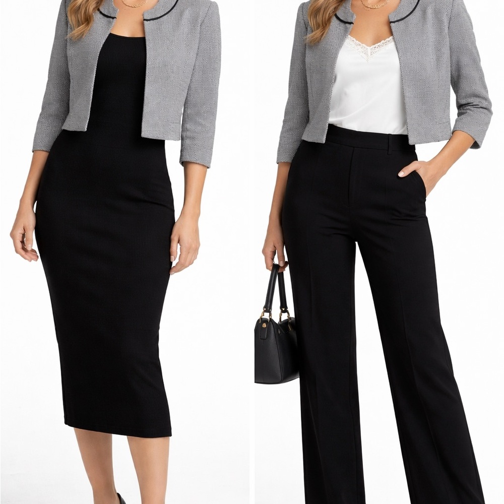 Studio I Cropped Blazer Size 8 Navy & White Textured Open Front Jacket